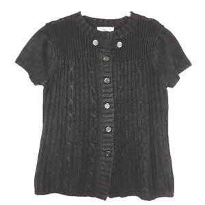 Cable Knit Wool Blend Cardigan Sweater Black Short Sleeves Kikit